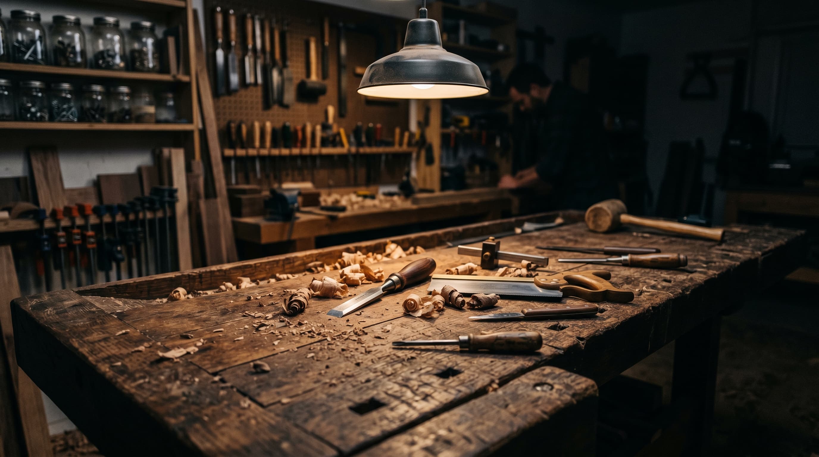 Master craftsman's workbench with tools and wood shavings